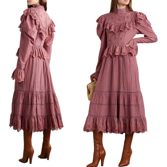 ULLA JOHNSON Crochet Dress  Fleur Broderie Anglaise Cotton and Silk-blend Midi 2 - Picture 2 of 13